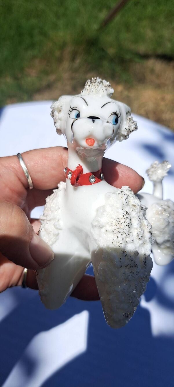Vintage Lipper & Mann L&M Japan Spaghetti Poodle Figurine White Red Collar 4.5